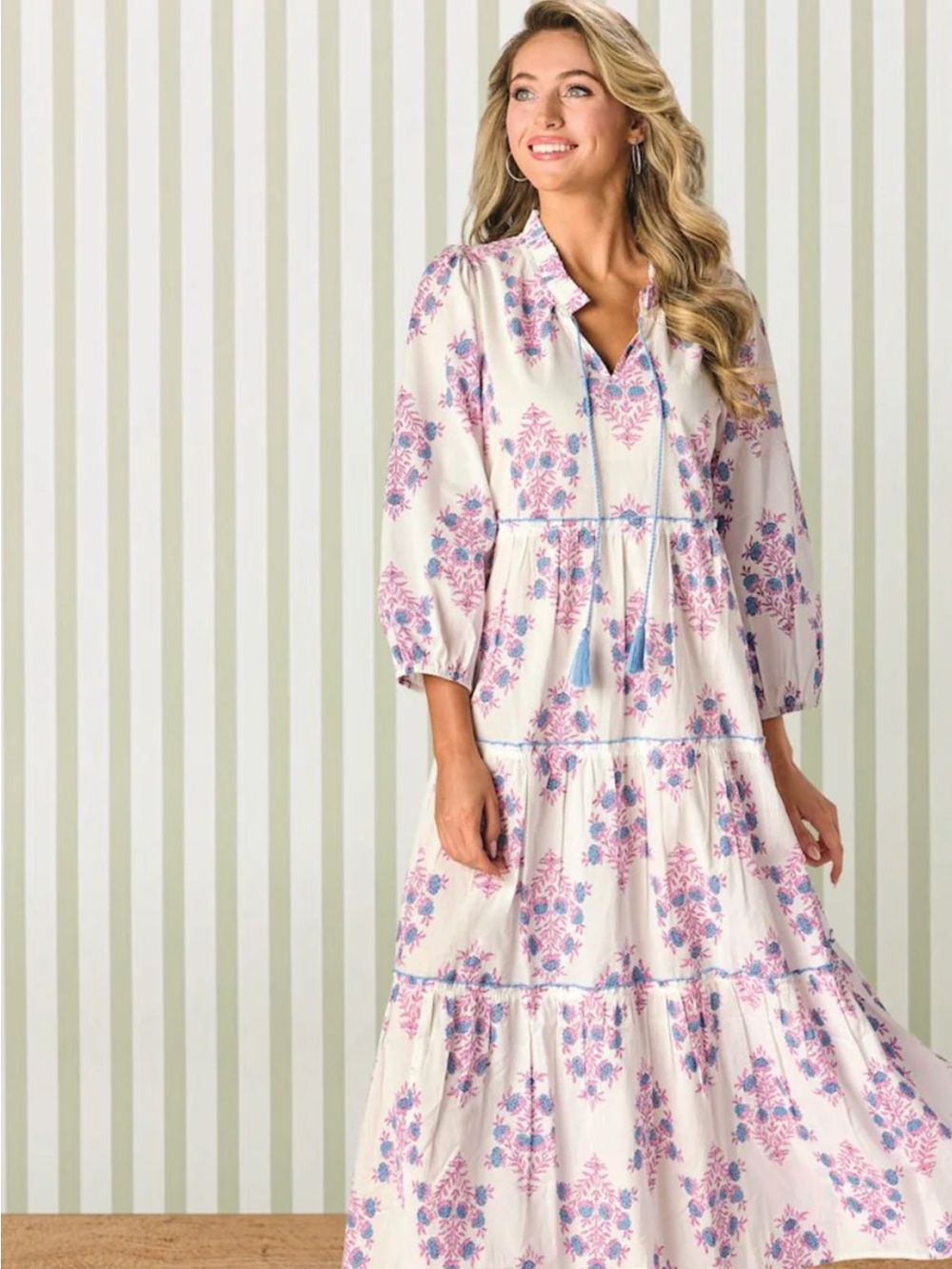 Mud Pie Floral Tiered Long Sleeve Maxi Dress in White and Pink